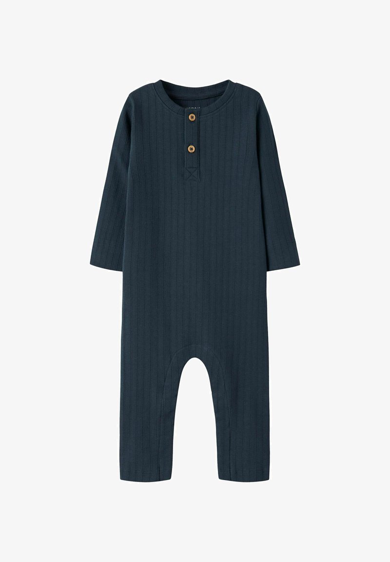Costume intero navy a coste con maniche lunghe, dotato di scollo rotondo e due bottoni in legno sul davanti, con un'apertura inferiore arrotondata.
