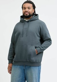 Grå bomullshettegenser med frontlomme, justerbar snor, ribbestrikkede mansjetter og en liten logo på brystet. Kombinert med blå denimjeans.