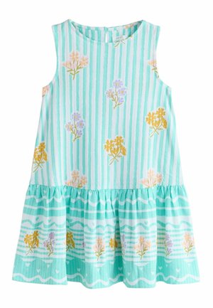 Vestido sin mangas de rayas turquesa y blancas con dobladillo con volantes y patrones florales en amarillo, púrpura y rosa.