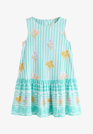 Varrukateta türkiissinine ja valge triibuline kleit, millel on rüüsidega serv ning kollaste, lilla ja roosade lillemotiividega.