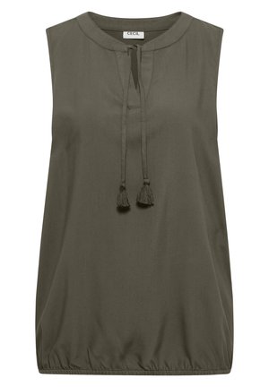 Blusa sin mangas color verde oliva con escote redondo, lazos con borlas en la parte delantera y dobladillo elástico.