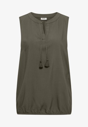 Blusa sin mangas color verde oliva con escote redondo, lazos con borlas en la parte delantera y dobladillo elástico.
