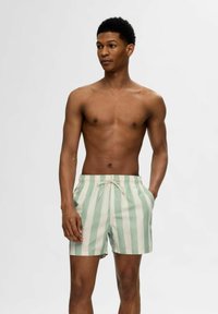 Grüne und weiße gestreifte Badehose mit elastischem Bund und Kordelzug. Hergestellt aus leichtem Stoff, mit seitlichen Taschen.