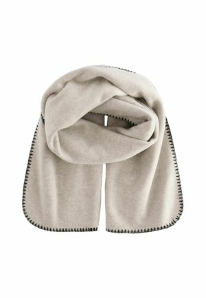 Écharpe gris clair en matériau doux, présentant une bordure noire cousue le long des bords et un design lisse et drapé.