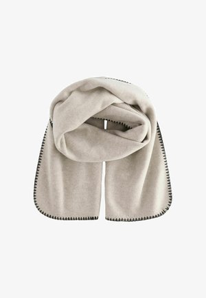 O eșarfă gri deschis, realizată dintr-un material moale, având un bordaj negru cusut pe margini și un design neted, cu falduri.