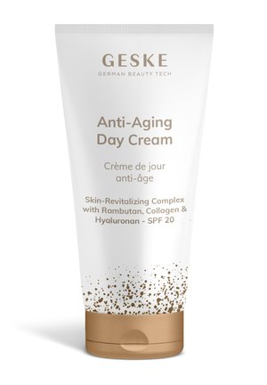 Tube de crème de jour anti-âge GESKE avec SPF 20, présentant un complexe revitalisant pour la peau avec Ramboutan, Collagène et Hyaluronane.