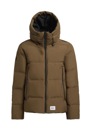 Bruine pufferjack met een capuchon, frontrits, twee ritszakken aan de zijkant en zwarte accenten. Gequilt ontwerp met een zachte, gladde textuur.