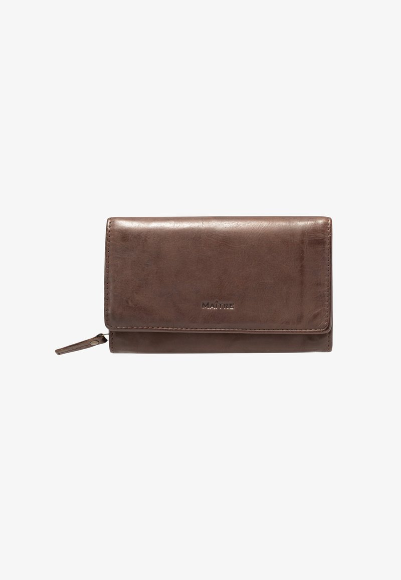 Brown leather wallet with a smooth texture, featuring a zippered closure and a flap. Gold logo detail embossed on the front.