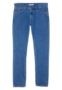 Modré džínsy z denimu s rovnými nohavicemi, pěti kapsami a zapínáním na knoflíky. Bez ozdob s mírně vybledlým povrchem.