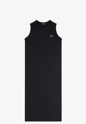 Vestido midi negro sin mangas con cuello redondo y pequeño logo de corona de laurel blanca en el pecho izquierdo.