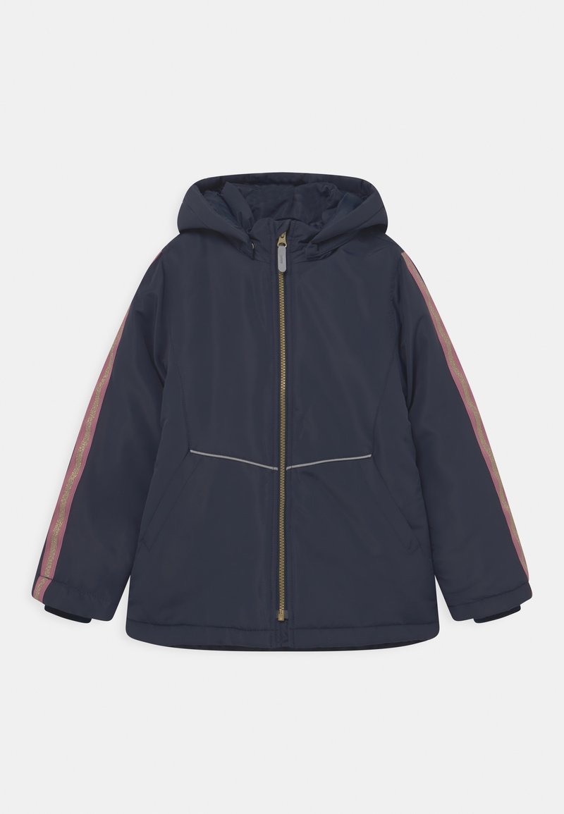Veste à capuche bleu marine avec une fermeture éclair complète, des bandes contrastantes roses et dorées sur les manches, et des accents réfléchissants à l'avant.