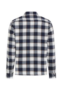 Camicia a maniche lunghe a quadri con un motivo a check blu navy, bianco e marrone. Realizzata in tessuto intrecciato con chiusure a bottone sulle maniche.