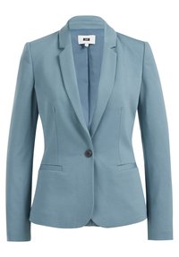 Lichtblauw op maat gemaakte blazer met een opstaande kraag, een enkele knoopsluiting en twee voorzakken. Gemaakt van een glad, gestructureerd stof.