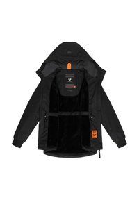 Czarna kurtka z kapturem, z miękką ciemną podszewką, pomarańczowymi akcentami i kieszeniami na zamek. Gładka powierzchnia z elastycznymi mankietami.