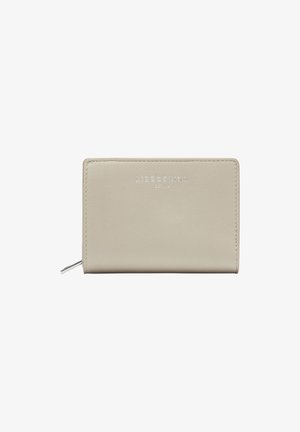 Beige leather wallet with a smooth finish, featuring a silver logo on the front, slim shape, and a zippered compartment on the side.