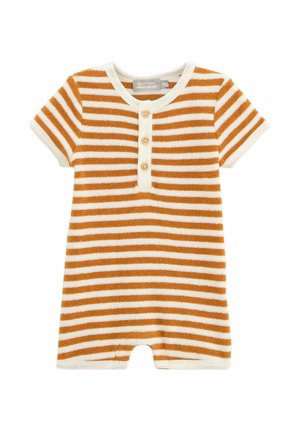 Barboteuse bébé à manches courtes avec rayures horizontales orange et blanches, trois boutons à l'avant, et bord blanc autour du cou et des manches.
