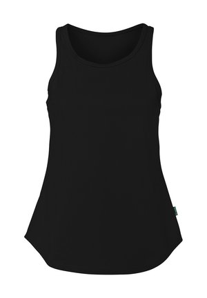 Zwarte tanktop met een mouwloos ontwerp, ronde halslijn en een licht gebogen zoom. Gemaakt van zachte, rekbare stof. Geen zichtbare patronen.