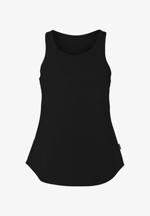 Schwarzes Tanktop mit ärmellosem Design, rundem Halsausschnitt und leicht geschwungenem Saum. Hergestellt aus weichem, dehnbarem Stoff. Keine sichtbaren Muster.