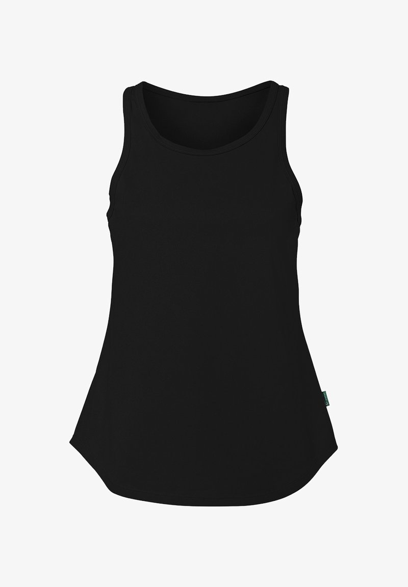 Zwarte tanktop met een mouwloos ontwerp, ronde halslijn en een licht gebogen zoom. Gemaakt van zachte, rekbare stof. Geen zichtbare patronen.