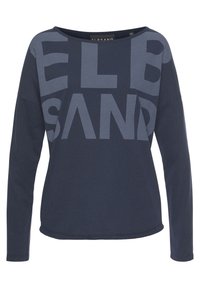 Langarm-T-Shirt in Marineblau aus Baumwolle, mit großen grauen Buchstaben "ELBSAND" auf der Vorderseite. Glatte Stofftextur.