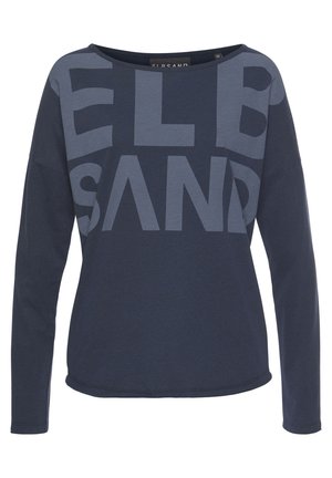 Langarm-T-Shirt in Marineblau aus Baumwolle, mit großen grauen Buchstaben "ELBSAND" auf der Vorderseite. Glatte Stofftextur.