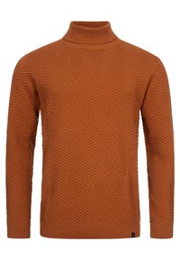 Pull à col roulé pour hommes de couleur rouille orange avec un motif en chevrons en relief et des poignets et un ourlet côtelés.