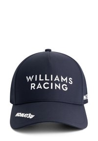 Granatowa czapka bejsbolowa z białym haftem "WILLIAMS RACING" z przodu oraz "KOMATSU" po boku, o usztywnionej konstrukcji.