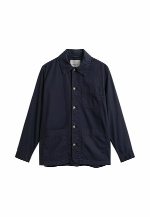 Marineblaue Knopfleistenjacke mit drei Vorderentaschen und klassischem Kragen, dargestellt auf weißem Hintergrund.