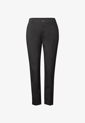 Mustat housut suoran leikkauksen muotoilulla, valmistettu sileästä kankaasta. Varustettu nappikiinnityksellä ja tavallisilla taskuilla.