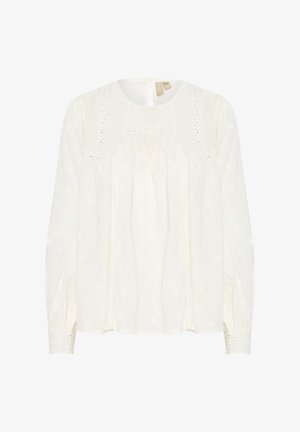 Weiße Bluse mit langen Ärmeln, Rundhalsausschnitt, strukturiertem Stoff, gestickten Details und Spitze an den Ärmeln. Schlüsselaugenöffnung hinten.