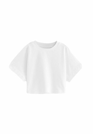 T-shirt blanc court en coton, avec un col rond, des manches courtes et une coupe décontractée. Texture lisse sans motifs visibles.