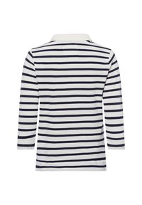 Langärmliges Poloshirt mit marineblauen und weißen horizontalen Streifen, weichem Stoff, klassischem Kragen und geradem Schnitt.