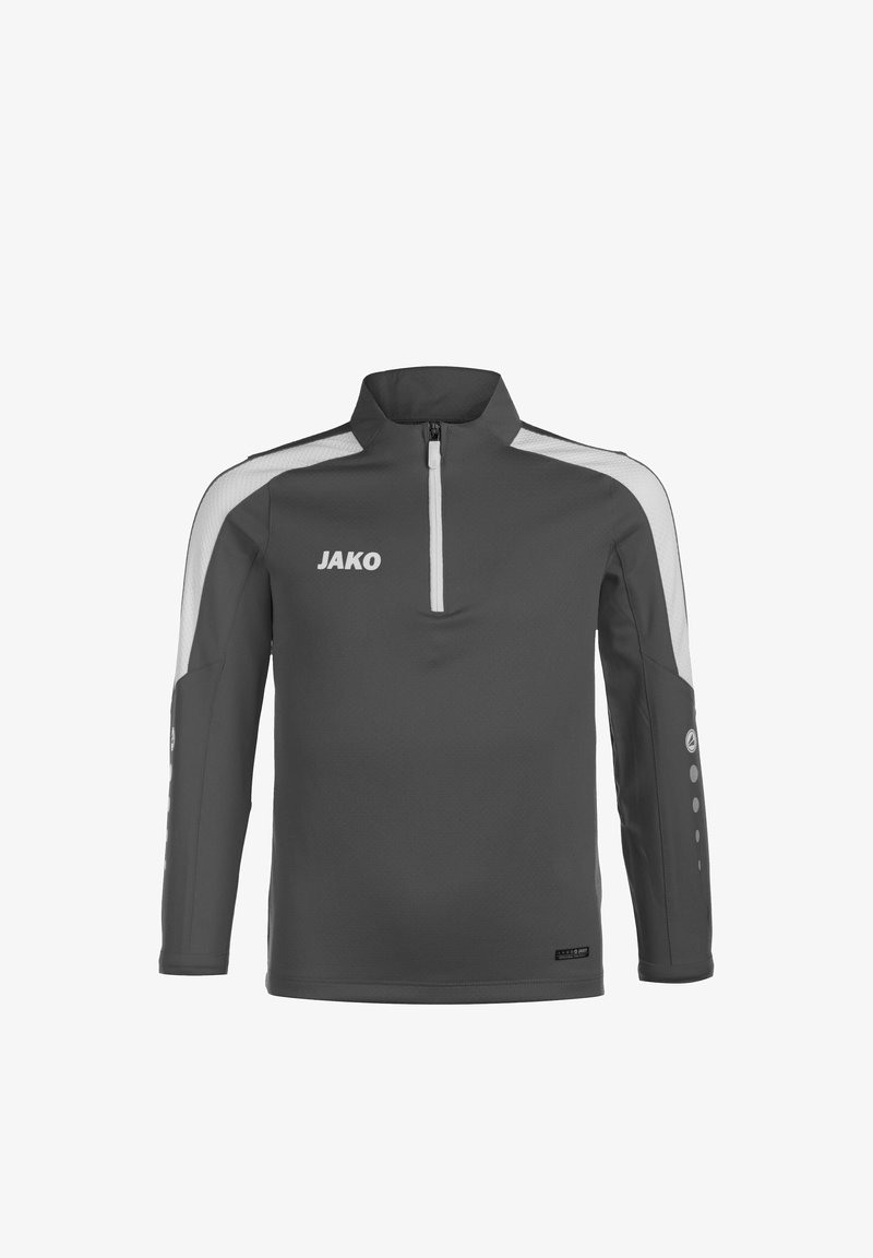 Veste à manches longues gris foncé avec demi-zip, rayures blanches et logo 'JAKO'. Comporte un tissu texturé et des détails de boutons sur les manches.