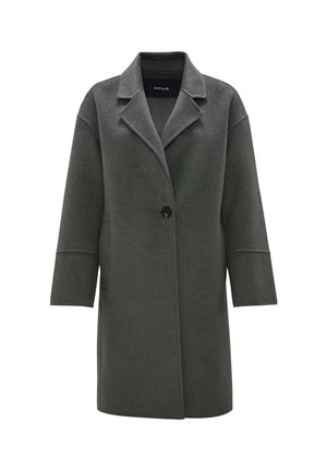 Dunkelgrüner Wollmantel mit schmalem Revers, einer Knopfverschluss und seitlichen Taschen. Verfügt über weite Ärmel und eine gerade Silhouette.