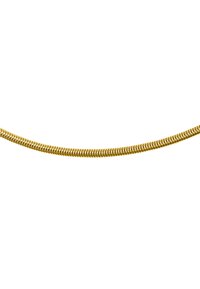 Collier en chaîne serpent doré, présentant une texture lisse et flexible avec des maillons entrelacés, se rétrécissant légèrement en largeur.