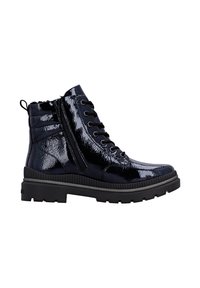 Black patent leather ankle boots with a textured surface, lace-up front, side zipper, and chunky rubber sole for traction.