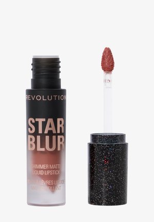 Shimmer matte liquid lipstick in a frosted bottle. Dark cap with a glitter finish. Applicator wand with a flocked tip. Color appears reddish-brown.