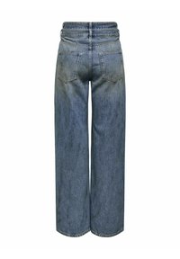 Ljusblå denimbyxor med vida ben och hög midja, med två bakfickor och rak skärning, som visar en urtvättad textur.