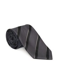 Cravate grise avec des rayures diagonales noires et argentées, fabriquée en tissu texturé, enroulée en forme circulaire pour le rangement.