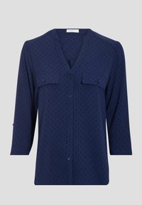 Blouse bleu marine à manches longues avec un devant à boutons, deux poches poitrine avec boutons, tissu texturé et col en V.