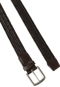 Geflochtener dunkelbrauner Gürtel mit Lederakzenten. Verfügt über eine silberne Metallschnalle, eine strukturierte Webart und eine kontrastierende Lederkappe.