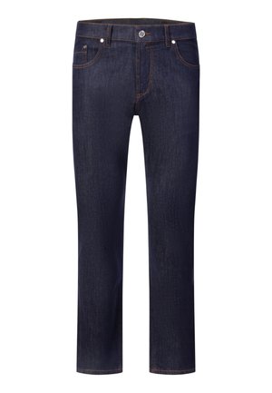 Dunkelblaue Jeans aus Denim mit Vordertaschen, Gürtelschlaufen, Knopfverschluss und geradem Bein.