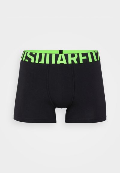 Black boxer briefs with a wide neon green logo waistband. Fabric is smooth with a fitted design and reinforced stitching details.