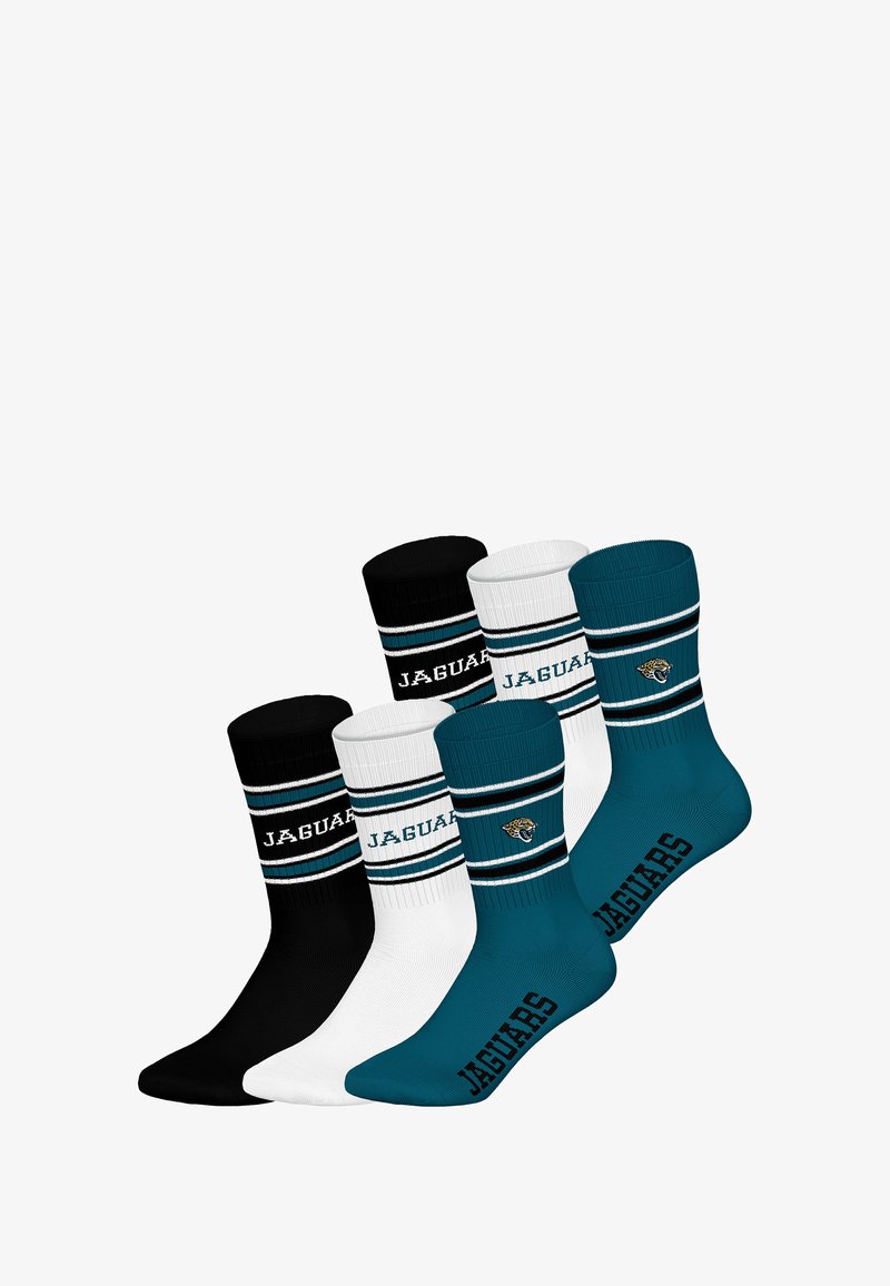 Cztery pary skarpet załogowych: czarne, białe i turkusowe. Każda z nich ma paski u góry w kontrastujących kolorach oraz napis "JAGUARS" z logo.