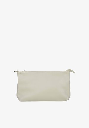 Light beige leather pouch with a textured surface, rectangular shape, top zipper closure, and a small side tab for easy handling.