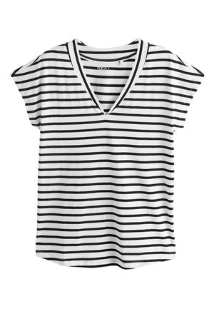 T-shirt à manches courtes à rayures noires et blanches, en tissu doux, coupe décontractée avec manches larges, ourlet arrondi et détail contrastant au niveau de l'encolure en V.
