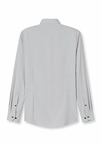 Langärmliges Hemd in Hellgrau mit einem dezenten Karomuster. Verfügt über einen klassischen Kragen und knöpfbare Manschetten mit marineblauen Akzenten. Rückansicht.