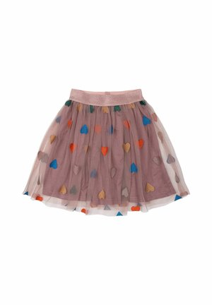 Tulle skirt in dusty pink with multi-colored heart patterns. Features an elastic waistband. Light and airy texture, knee-length design.