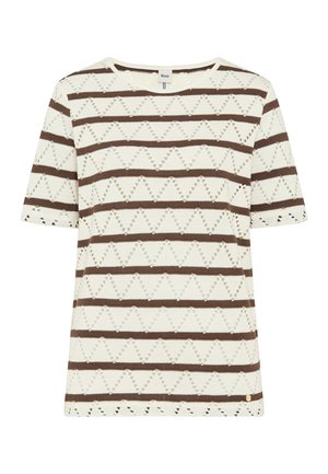 Hvid striktop med korte ærmer, brune vandrette striber og trekantet hulmønstret, rund halsudskæring og lille mærke i kant.