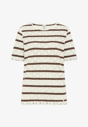 Weißes Kurzarm-Strickoberteil mit braunen horizontalen Streifen und dreieckigem Lochmuster, Rundhalsausschnitt und kleinem Markenzeichen am Saum.